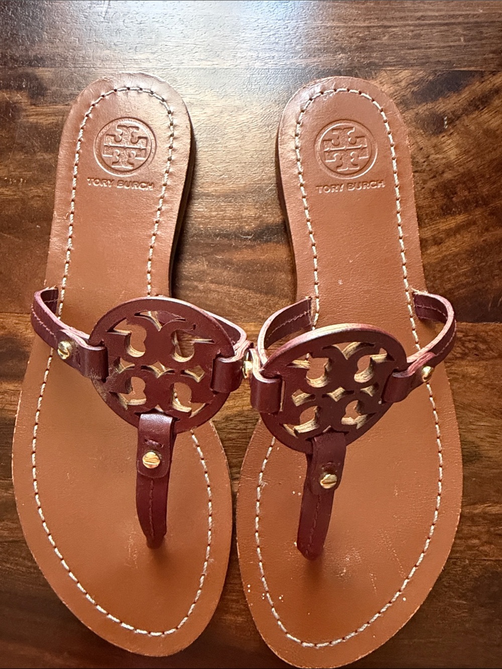 Tory Burch Burgundy Leather Miller Thong Sandals